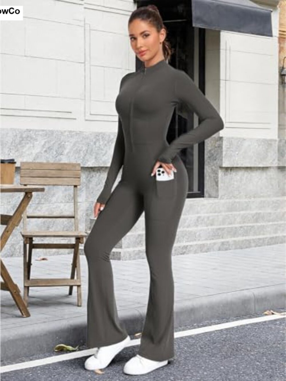 Long Sleeve Flared Jumpsuit Zip Up Catsuit Unitard High Neck One Piece - Picture 2 of 6